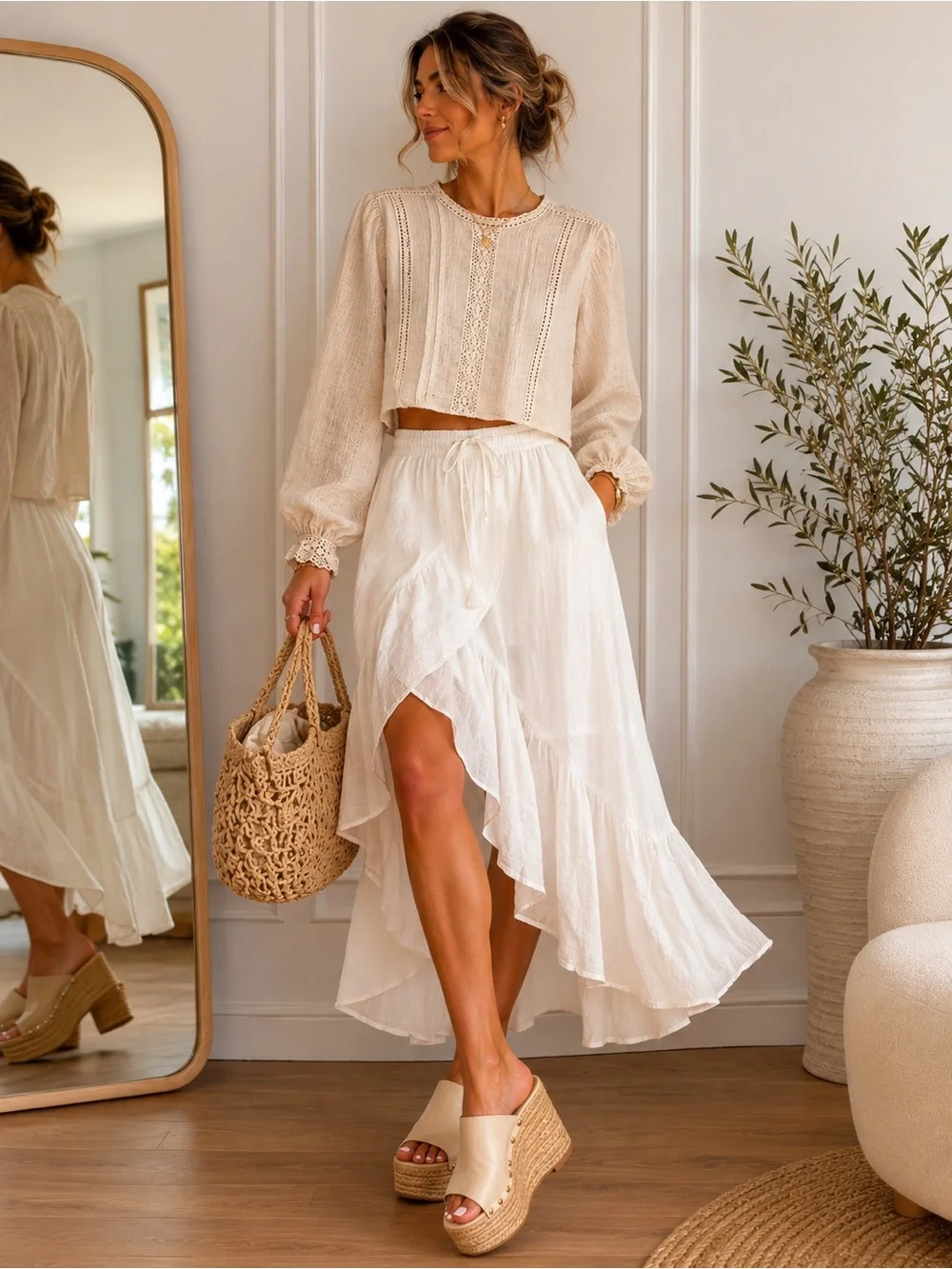 ZARA Beige Crochet-Trim Peasant Blouse